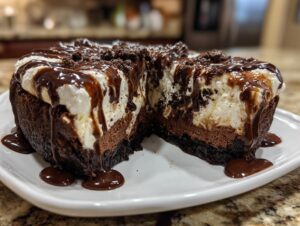 A rich, layered Mississippi Mud Pie cut in half, showing chocolate crust, mousse, whipped cream, and chocolate drizzle.