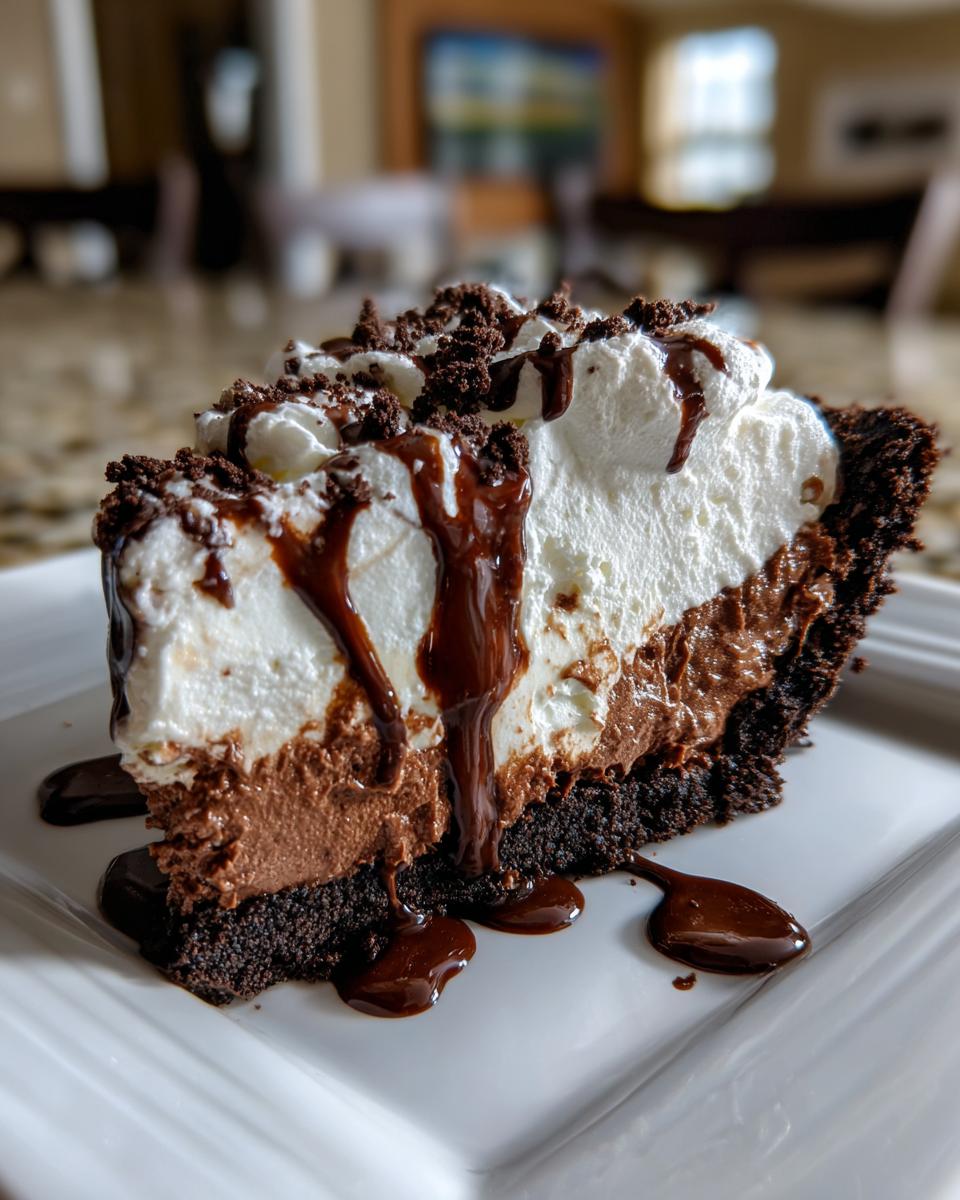 A rich slice of Mississippi Mud Pie featuring a dark crust, chocolate mousse, whipped cream, and chocolate syrup drizzle.
