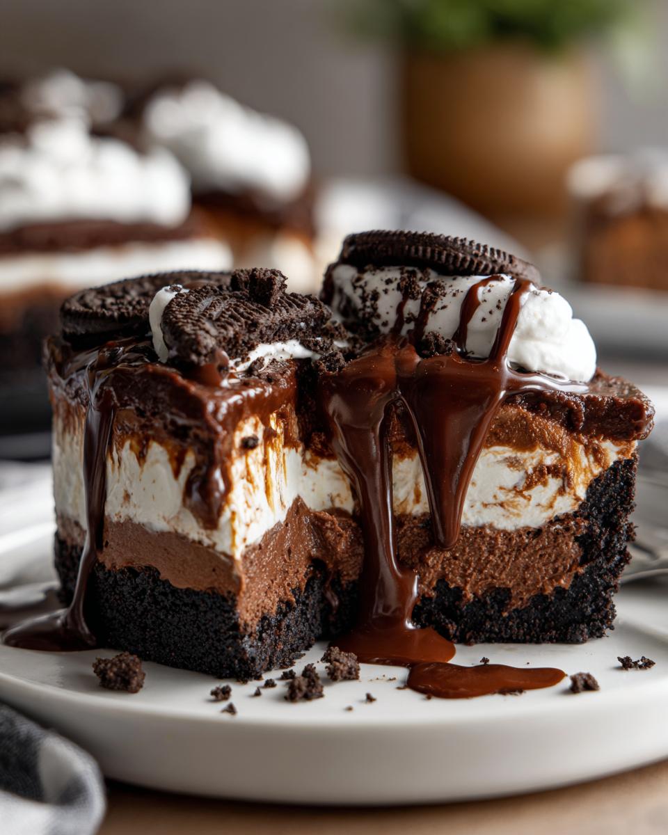 A rich, layered slice of Mississippi Mud Pie topped with whipped cream, cookies, and dripping chocolate fudge sauce.