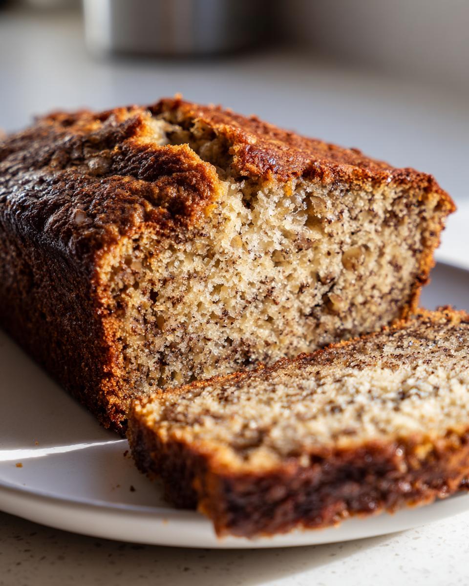 Close-up of a freshly baked banana bread loaf, sliced to show the moist interior texture.