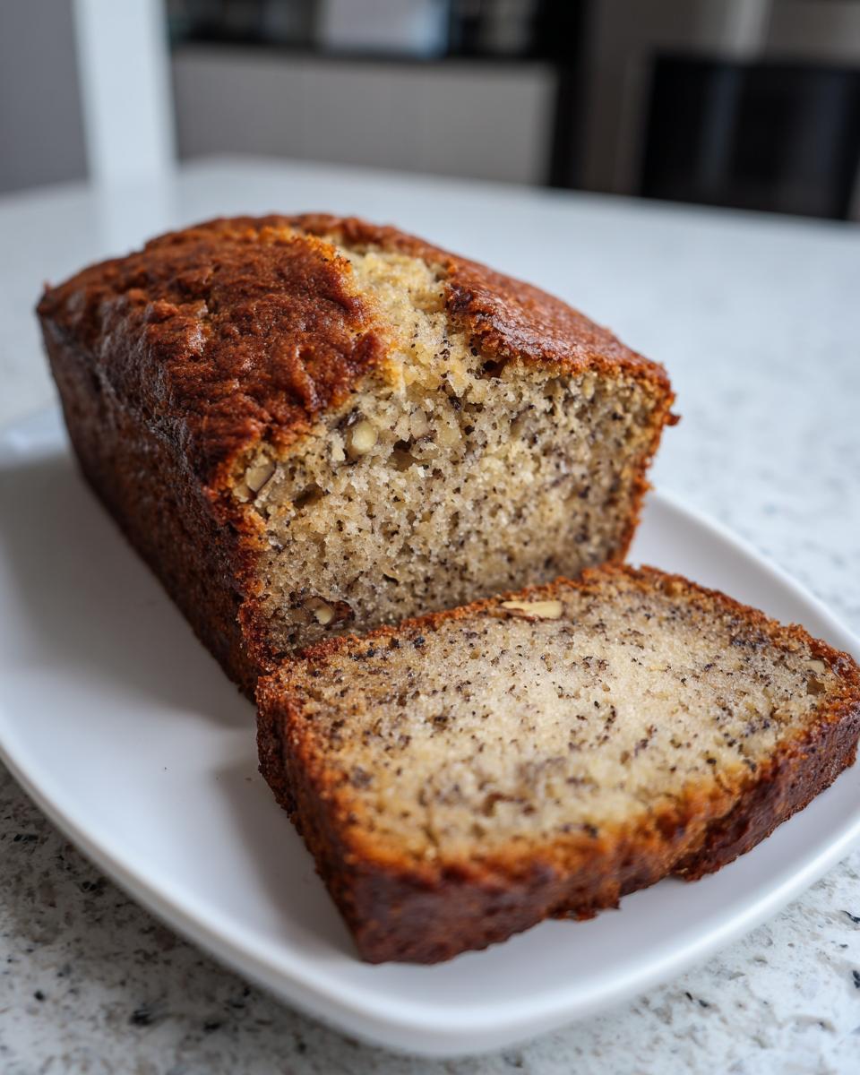 A golden brown, moist banana bread loaf with one slice cut and resting on a white plate.