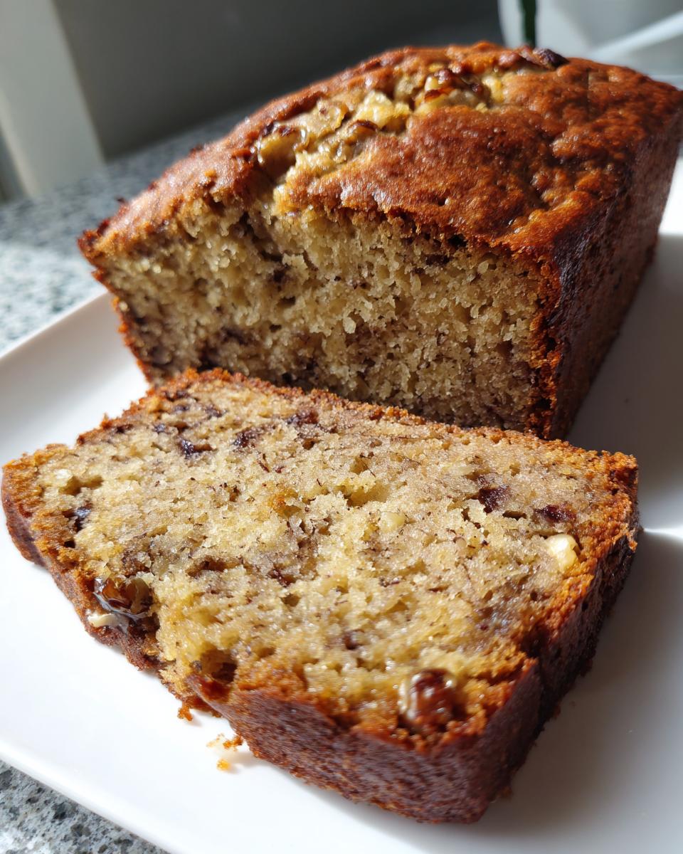 Close-up of a thick slice of moist banana bread next to the remaining loaf on a white plate.