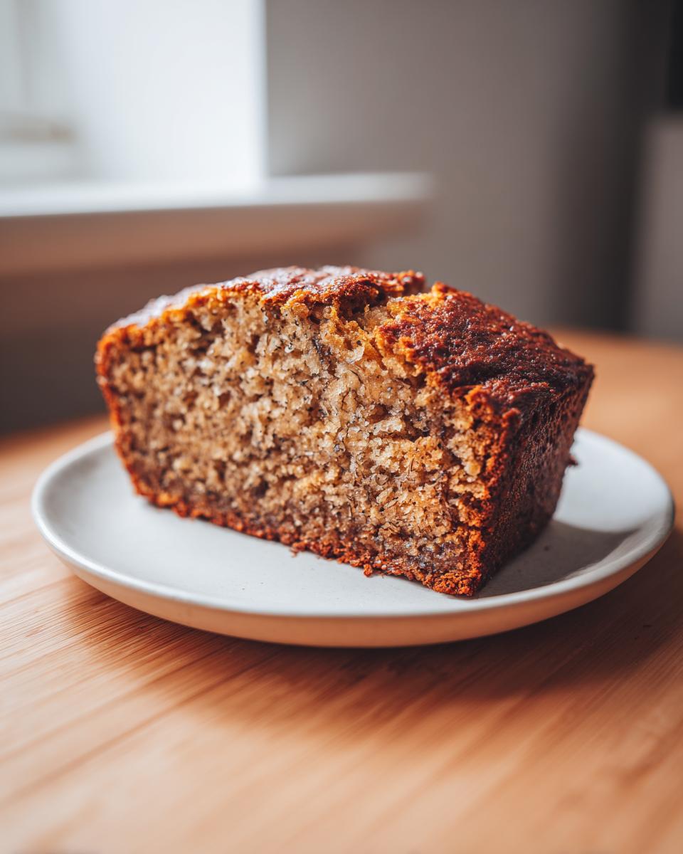 Close-up of a thick, moist slice of banana bread recipe on a small white plate.
