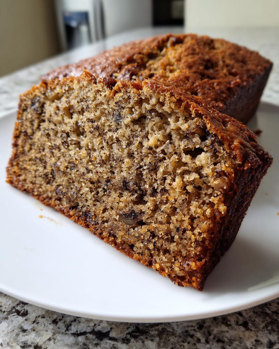 Close-up of a thick slice of moist banana bread showing its speckled texture and dark crust.