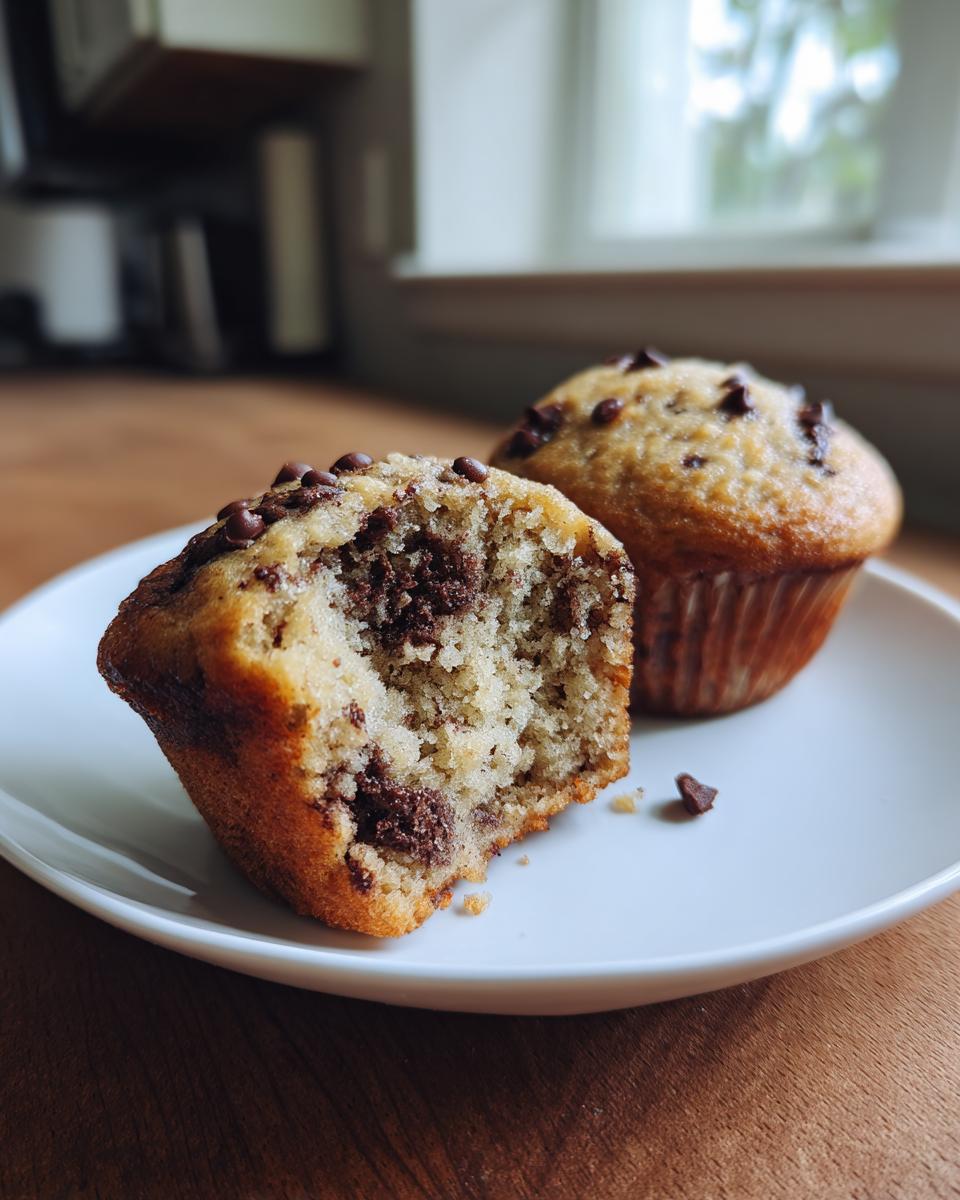 Close-up of a banana chocolate chip muffin cut in half showing the moist crumb and chocolate chips inside.