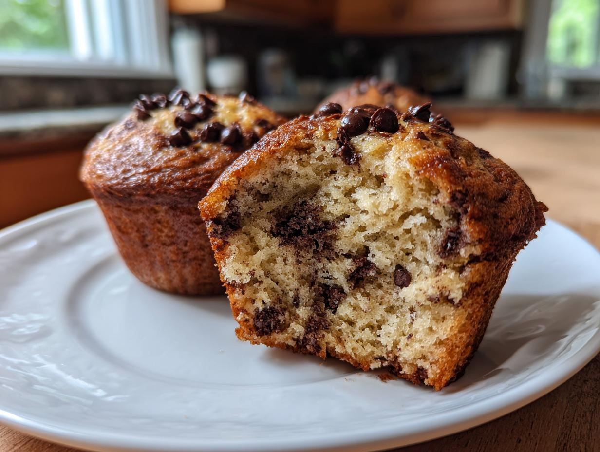 Close-up of a moist banana chocolate chip muffin cut in half showing the interior texture and chocolate chips.
