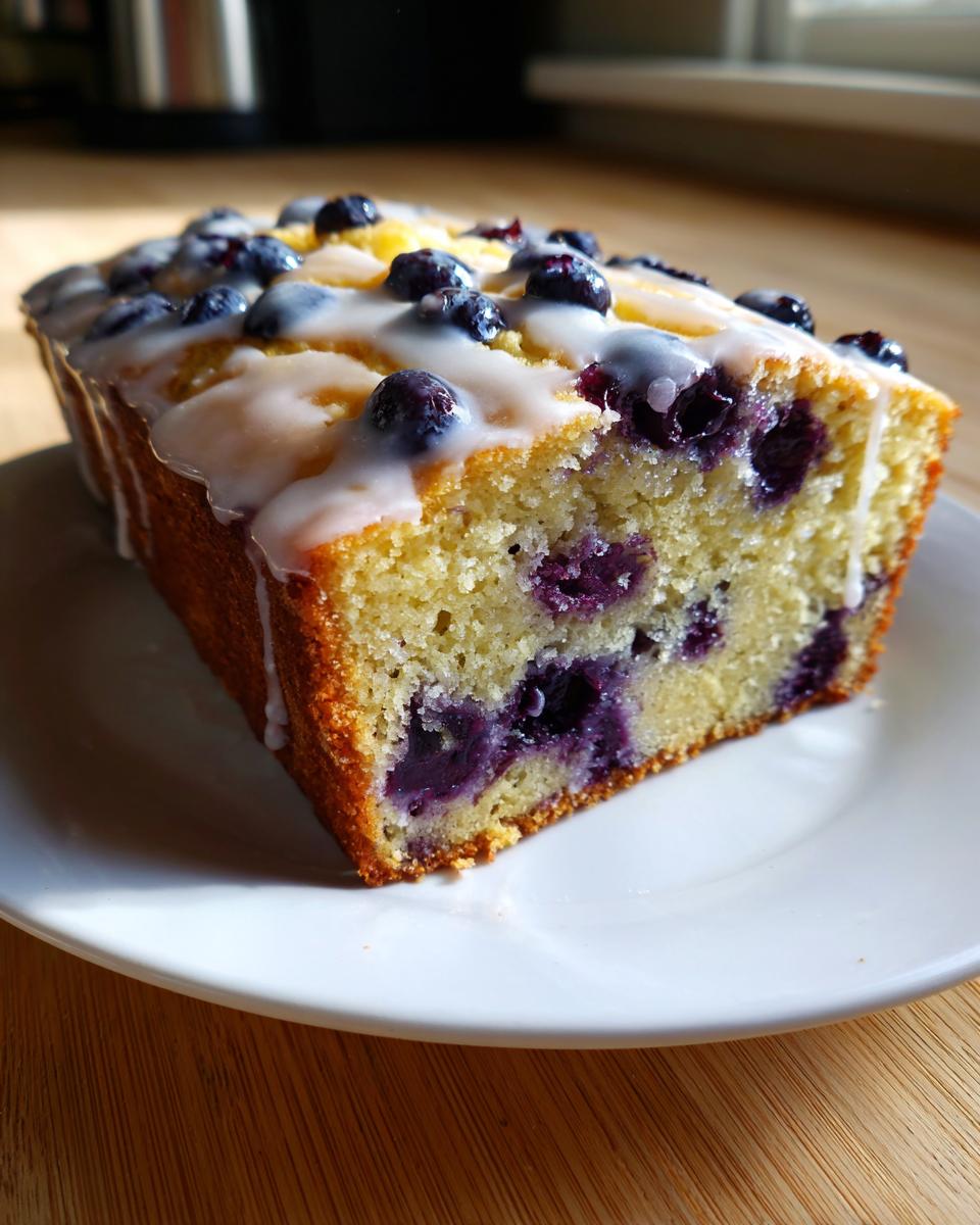 A freshly baked loaf of moist blueberry zucchini bread topped with a bright white glaze and fresh blueberries.