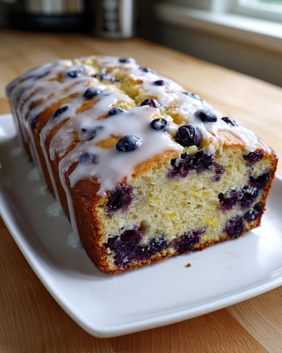 A loaf of moist blueberry zucchini bread, sliced to show the interior, topped with a white glaze and fresh blueberries.
