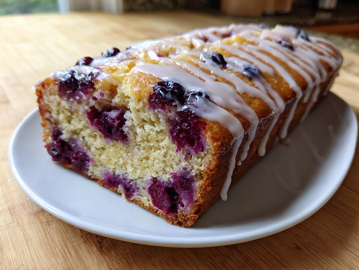 A whole loaf of moist blueberry zucchini bread topped with a white lemon glaze, sitting on a white plate.