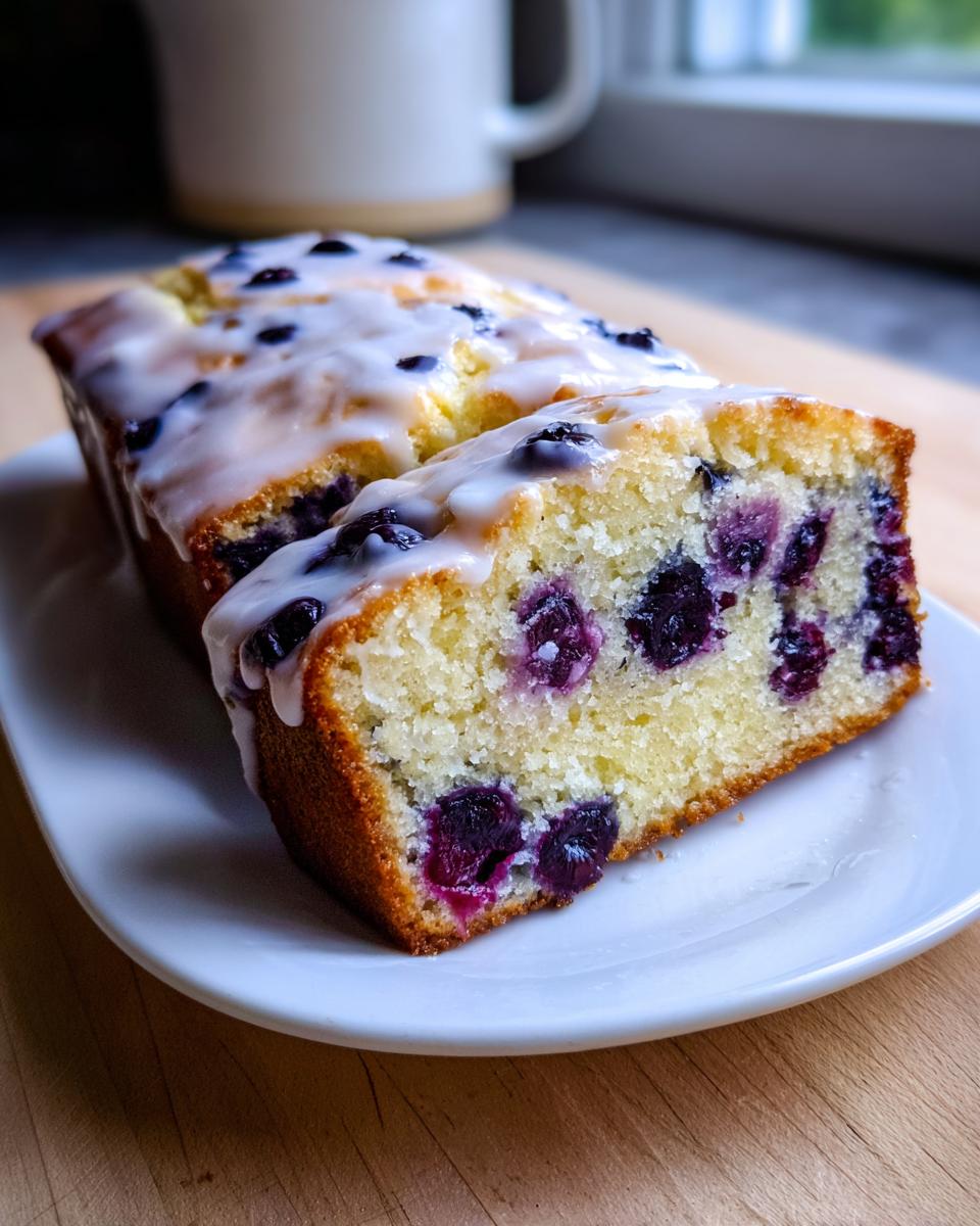 A close-up of a slice of moist blueberry zucchini bread topped with a white glaze, showing the texture and blueberries.