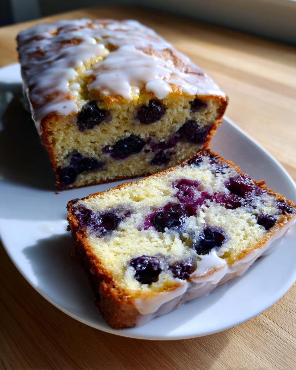 A slice of moist blueberry zucchini bread topped with a white glaze, next to the rest of the loaf.