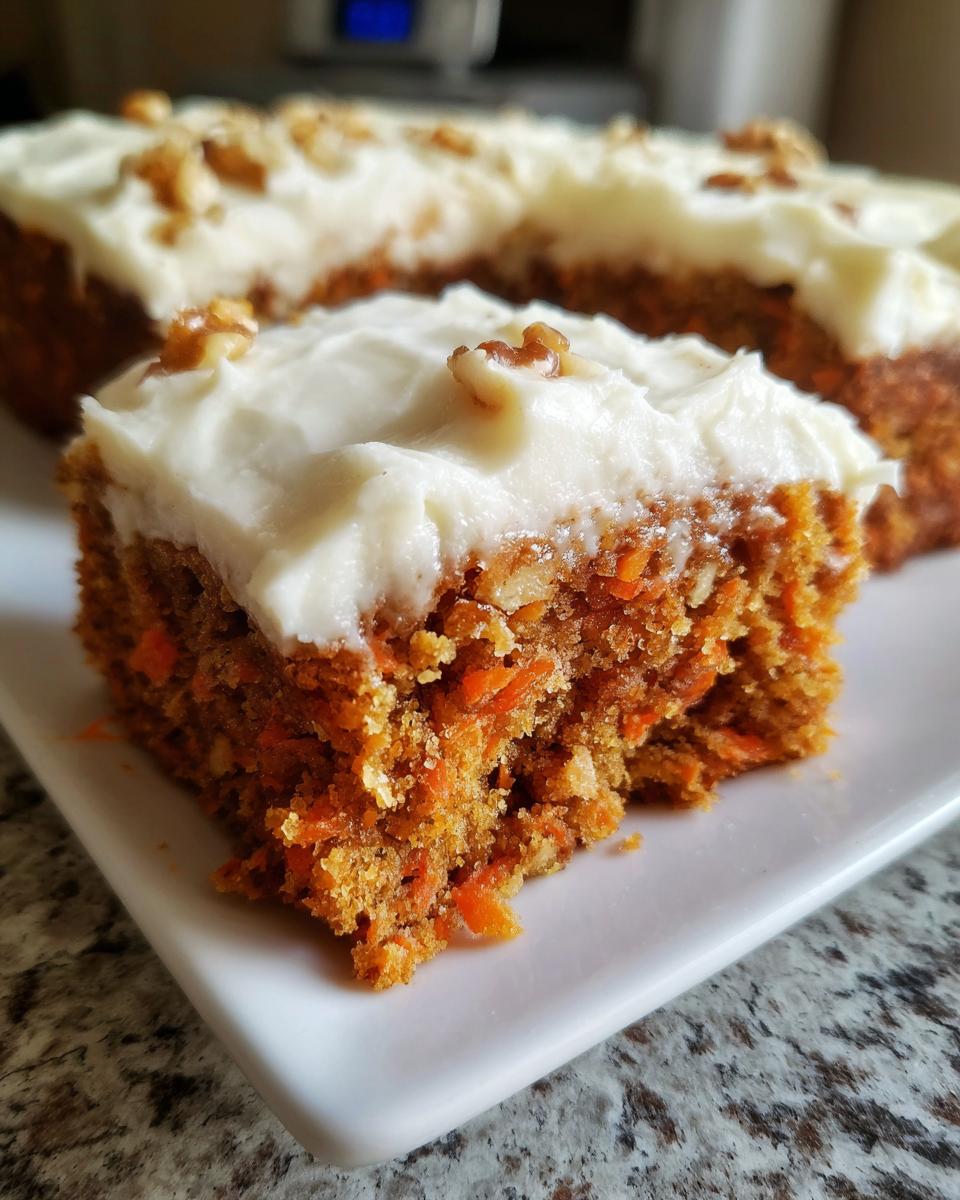 A close-up view of a thick square of moist carrot cake bars topped with white cream cheese frosting and walnuts.