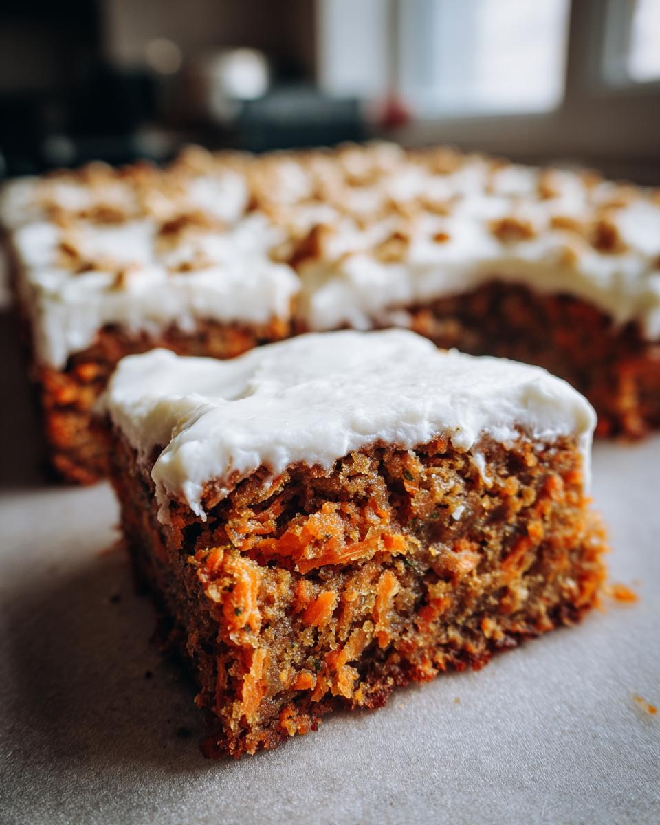 A close-up, focus shot of a single serving of moist carrot cake bars topped with thick cream cheese frosting.