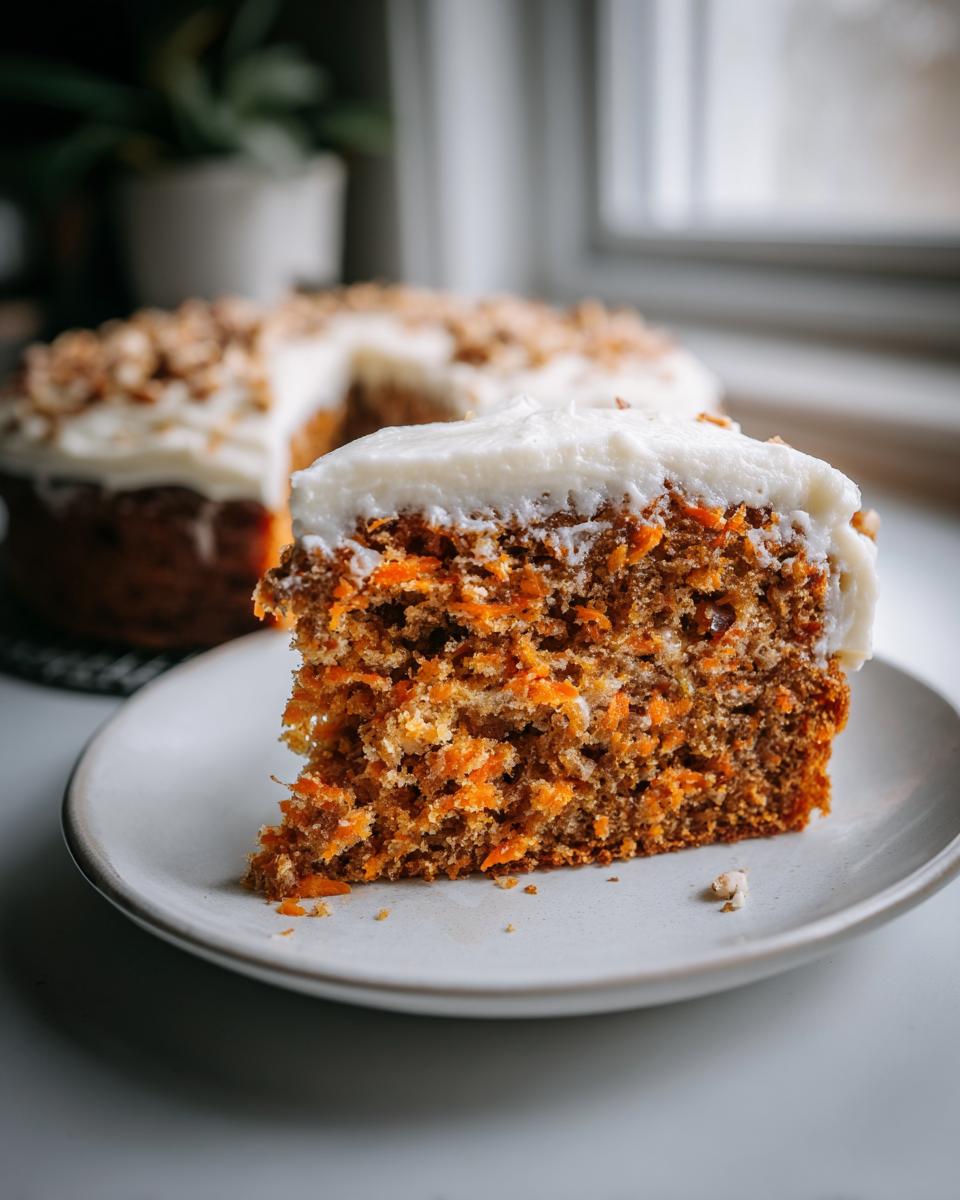 Close-up of a thick slice of moist carrot cake topped with cream cheese frosting, with the rest of the carrot cake blurred in the background.