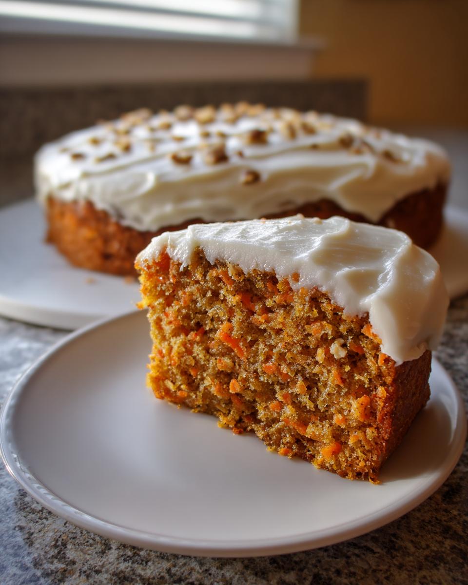 A close-up of a moist slice of carrot cake topped with thick cream cheese frosting, with the whole carrot cake in the background.