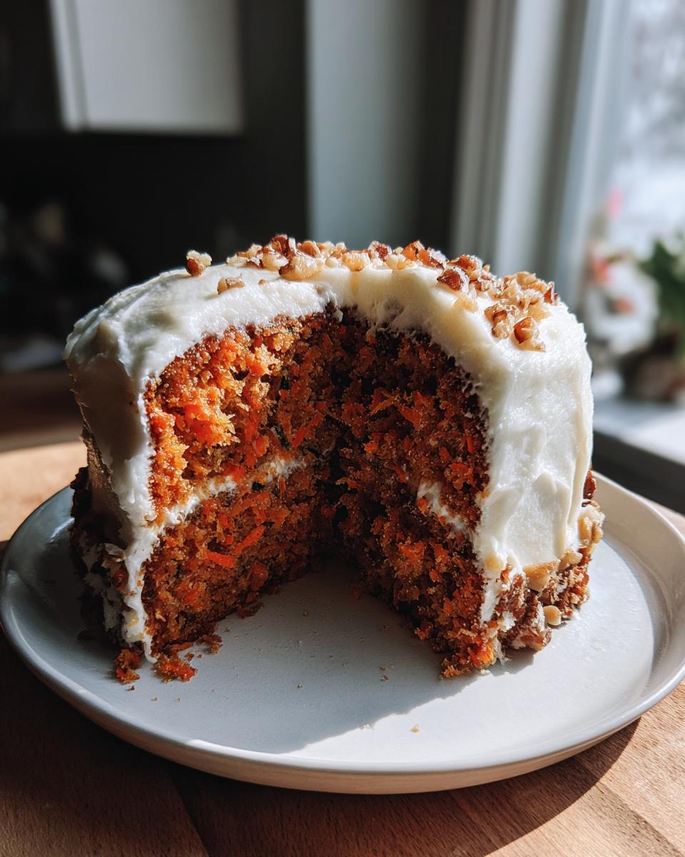 A slice removed from a small, round carrot cake topped with thick cream cheese frosting and chopped walnuts.