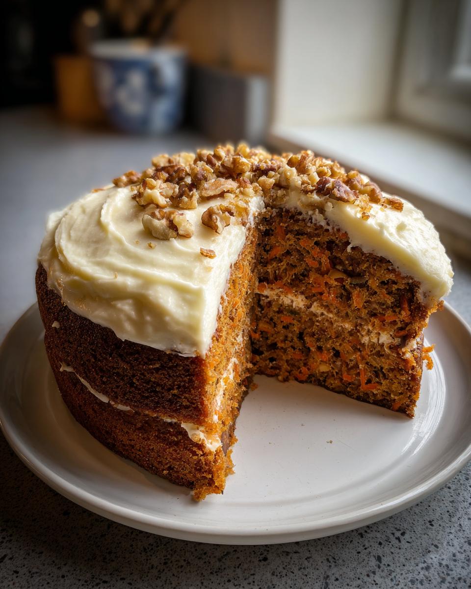 A two-layer carrot cake with cream cheese frosting and chopped walnuts on top, a slice has been removed.