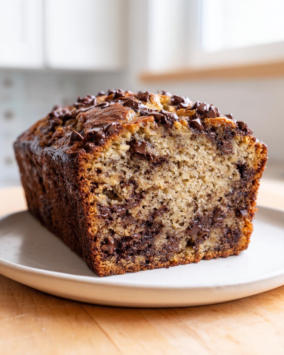 A freshly baked loaf of chocolate chip banana bread showing a moist interior and melted chocolate chips on top.