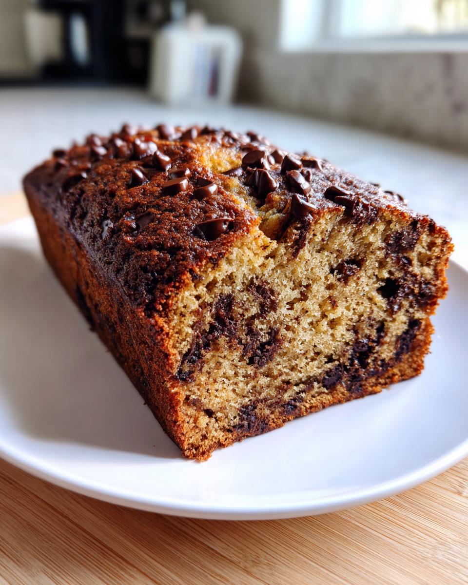 A freshly baked loaf of moist chocolate chip banana bread, topped with melted chips, resting on a white plate.