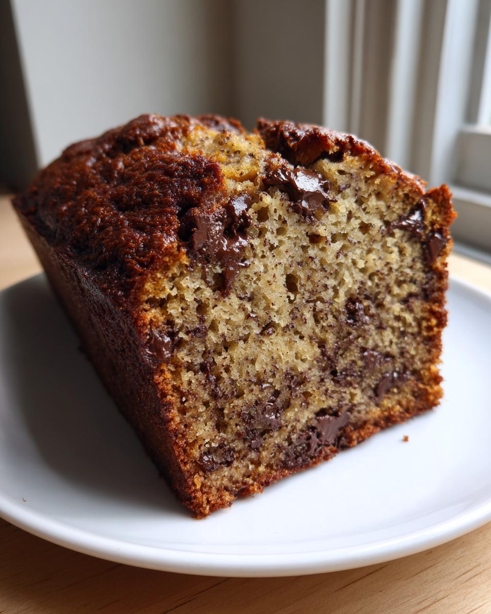 A thick slice of moist chocolate chip banana bread showing a dark, rich crust and melted chocolate chunks inside.