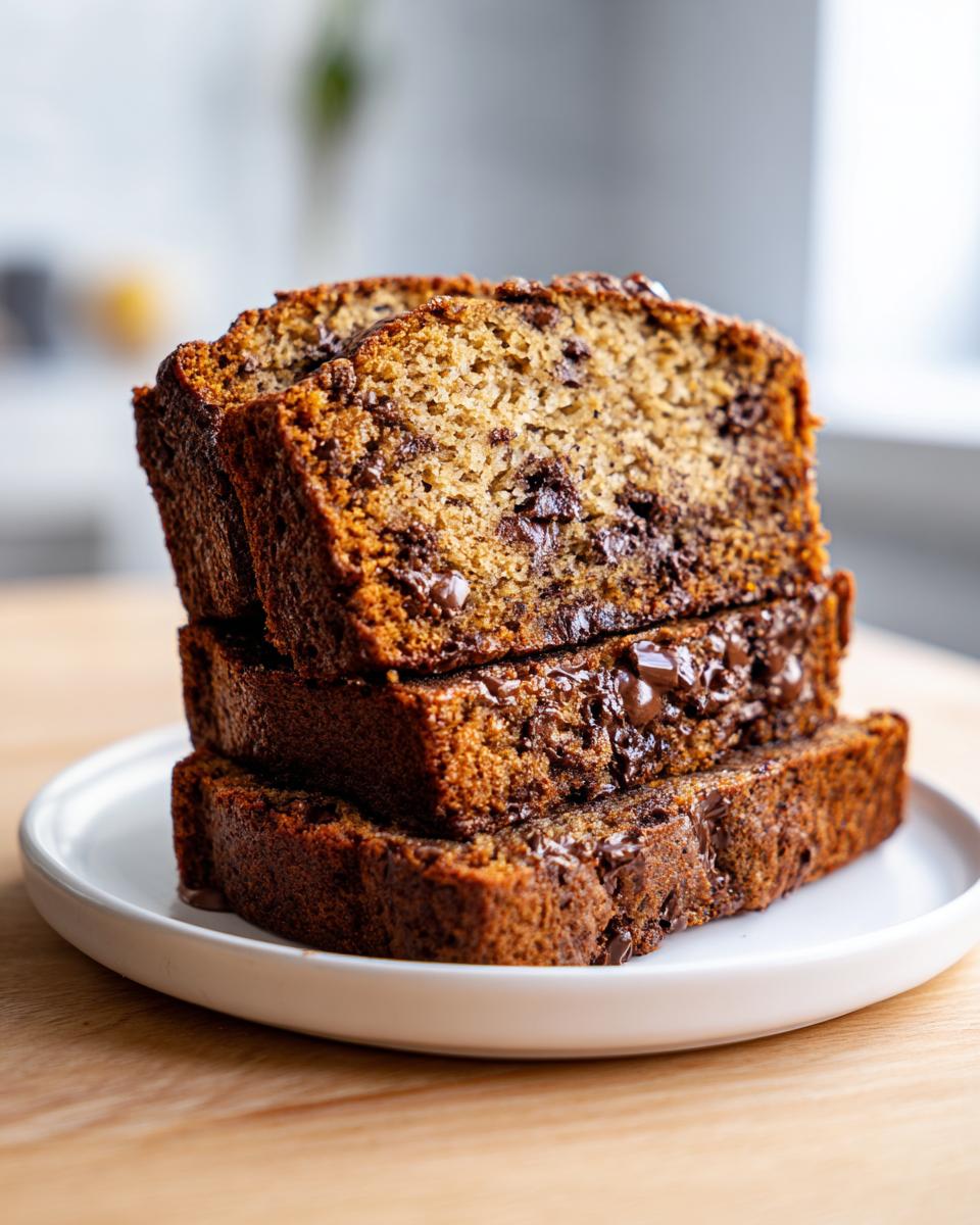 Three thick slices of moist chocolate chip banana bread stacked on a white plate.
