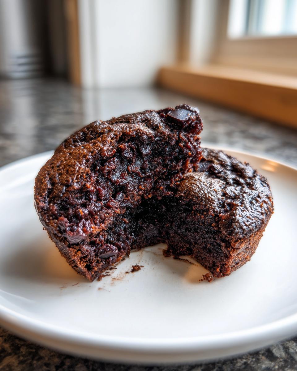 Close-up of a rich, dark chocolate muffin or brownie cut in half, showing a moist interior.