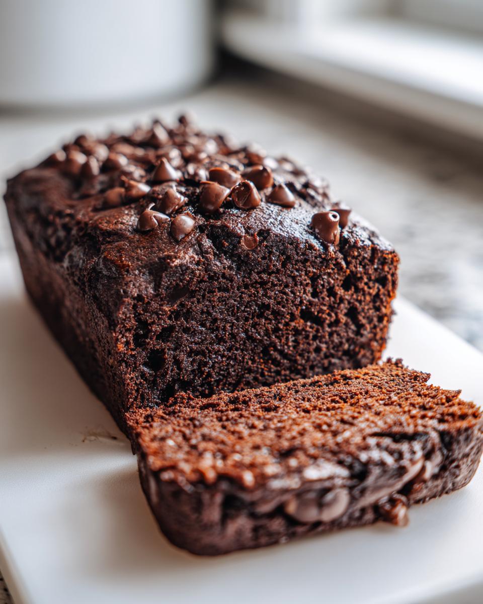 A close-up of rich, dark chocolate zucchini bread with a slice cut, topped generously with chocolate chips.