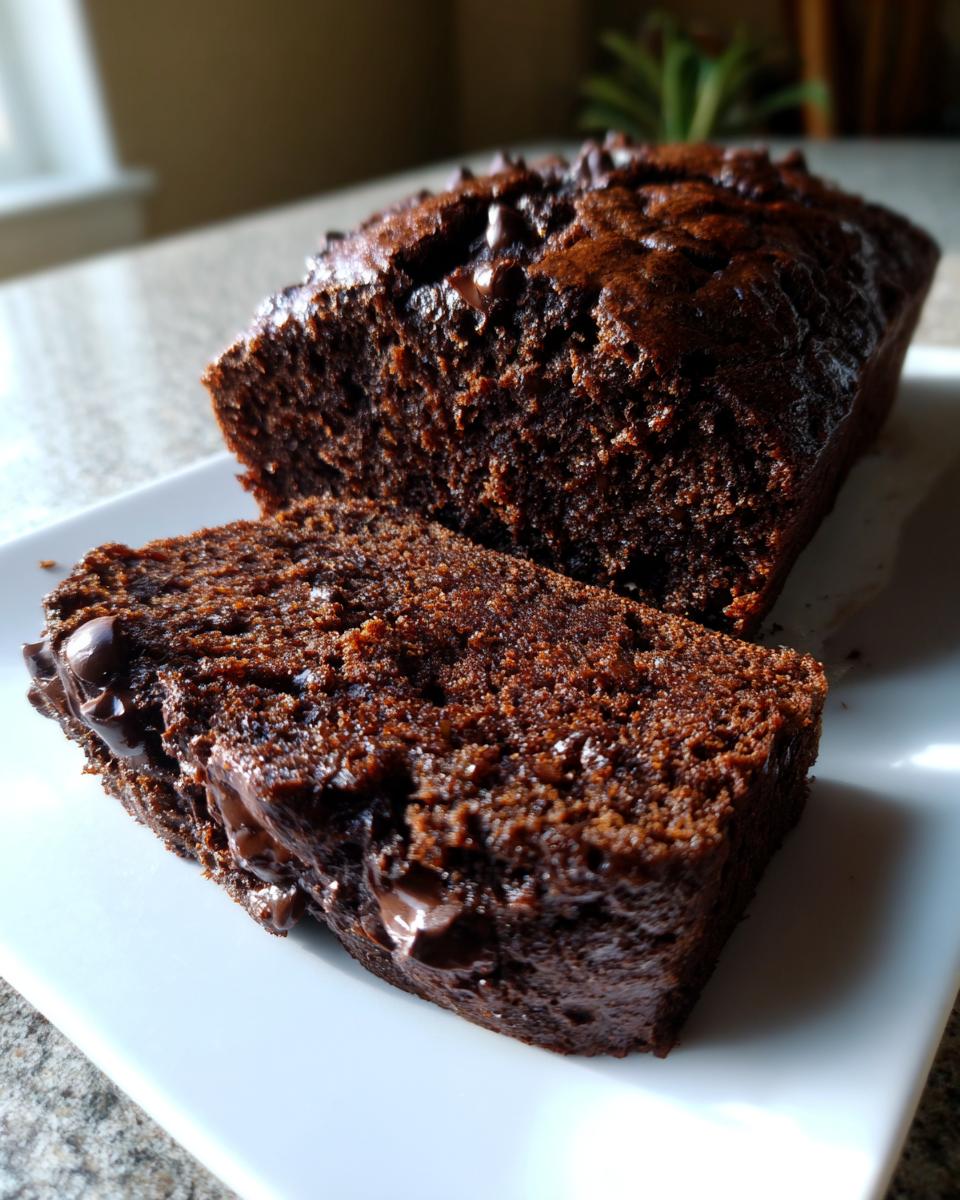 A close-up of moist chocolate zucchini bread, sliced to show melted chocolate chips inside.