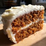 Close-up of a moist slice of spice cake layered with thick cream cheese frosting, highlighting the rich crumb.