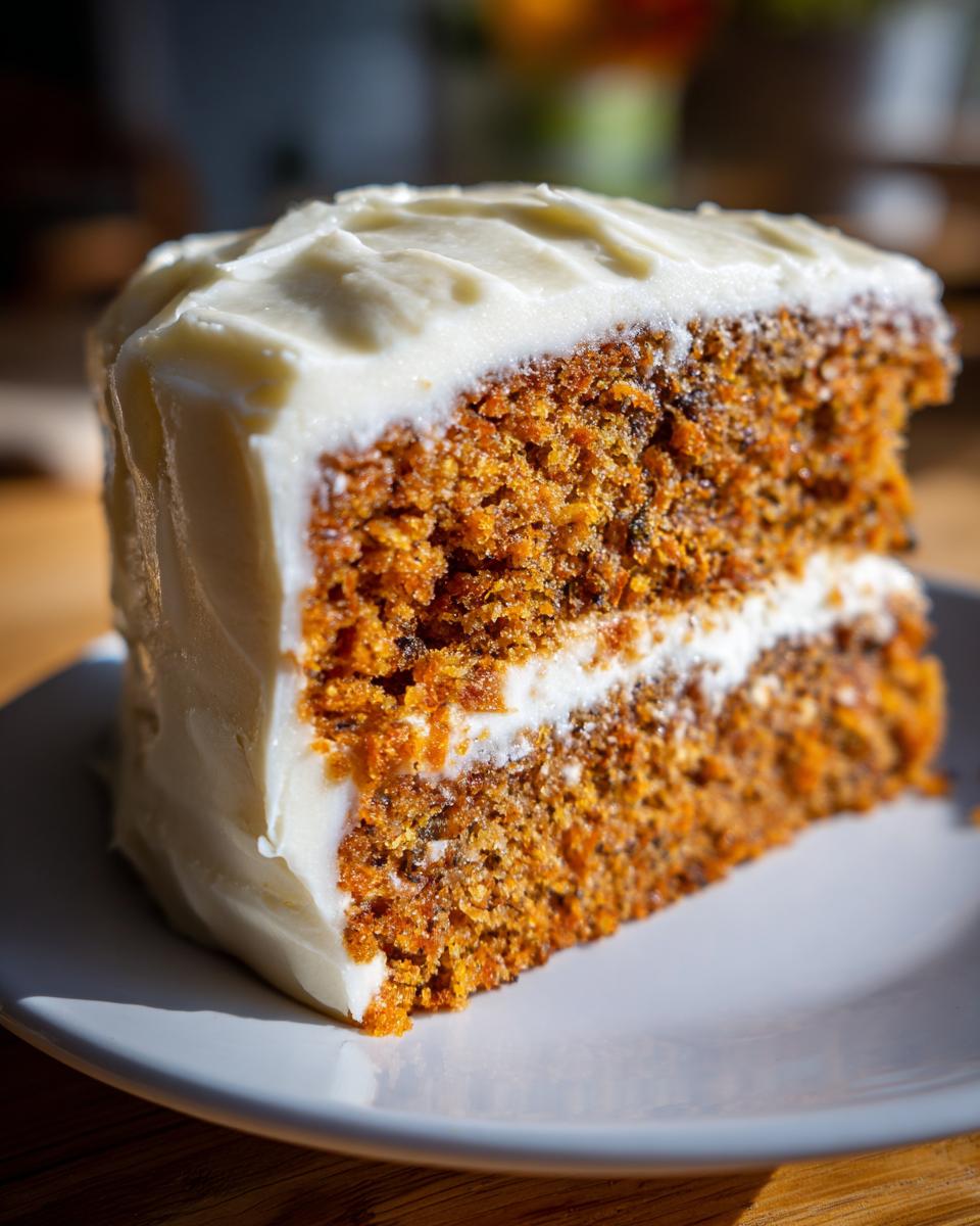 Close-up of a moist slice of orange-hued spice cake layered with thick cream cheese frosting.