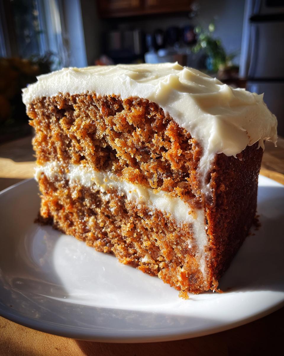 Close-up of a thick slice of moist spice cake layered with cream cheese frosting on a white plate.