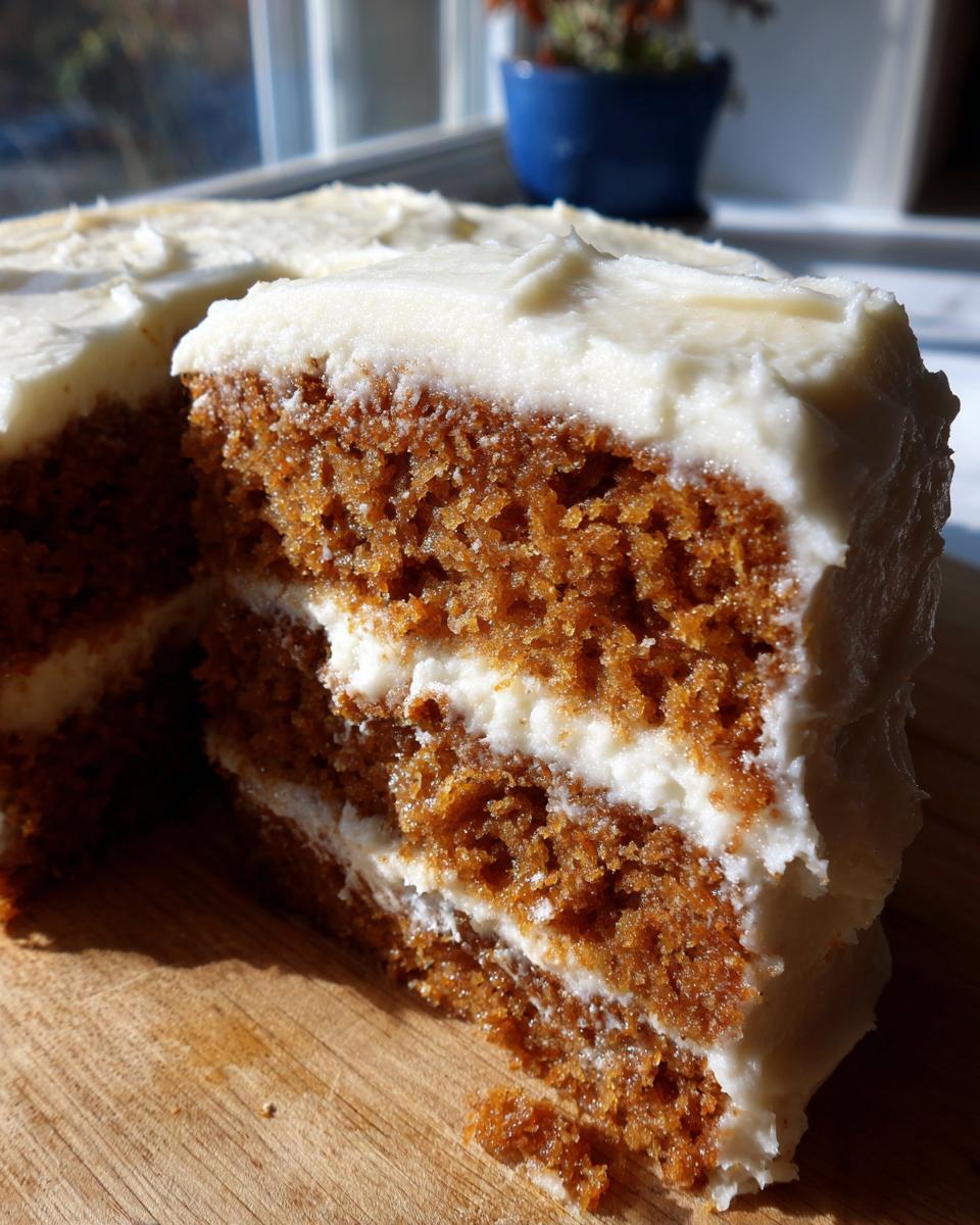 Close-up of a thick slice of moist spice cake with cream cheese frosting layers.