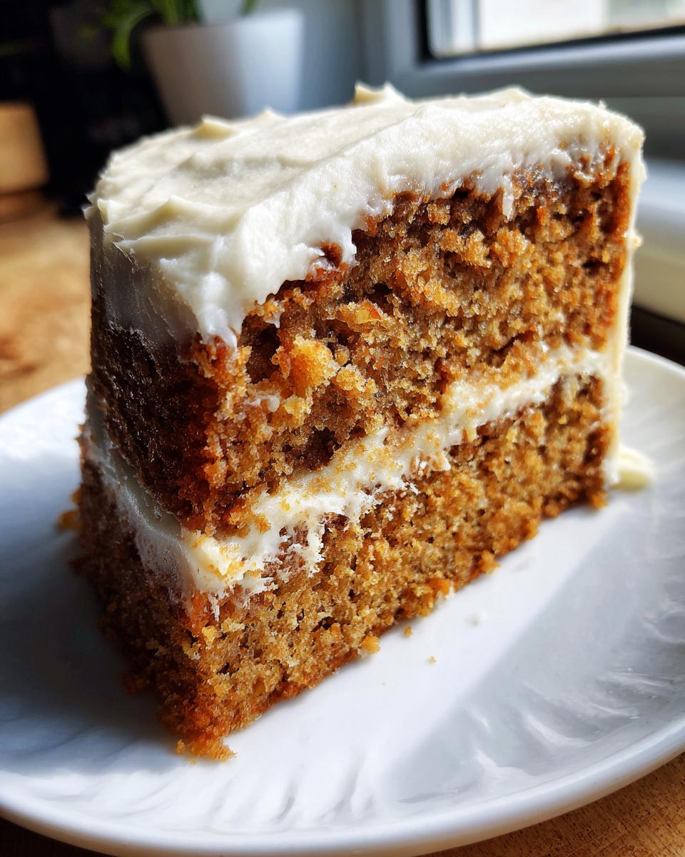 Close-up of a thick slice of moist spice cake layered with cream cheese frosting.