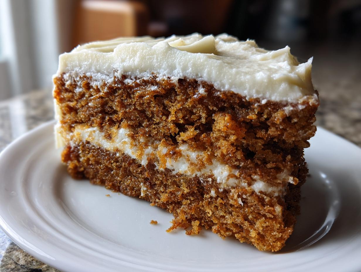 Close-up of a moist slice of spice cake with thick cream cheese frosting layers.