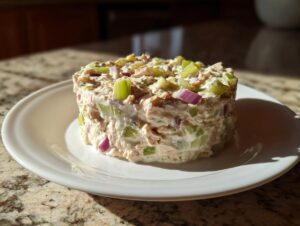 A molded serving of creamy cottage cheese tuna salad with visible chunks of celery and red onion.