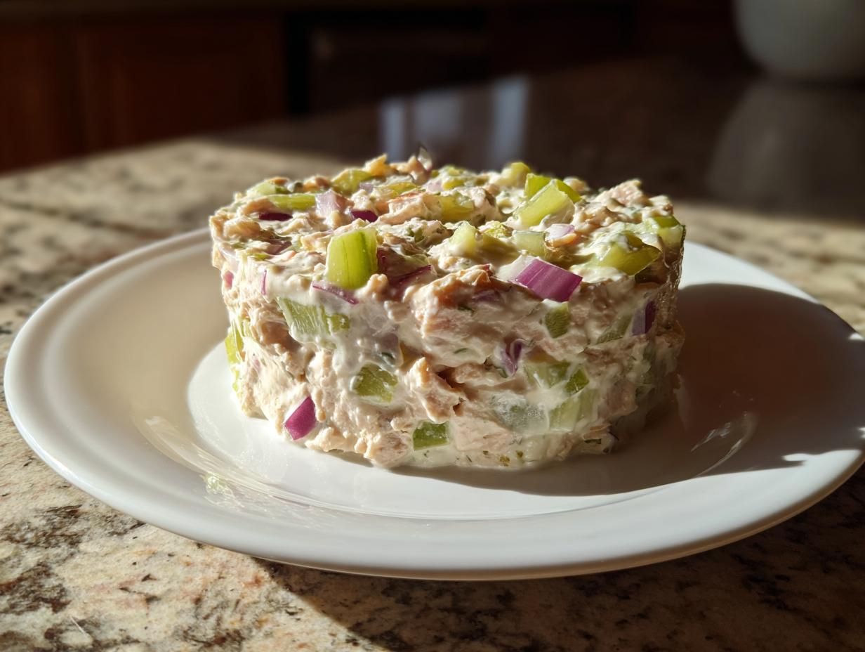 A molded serving of creamy cottage cheese tuna salad with visible chunks of celery and red onion.