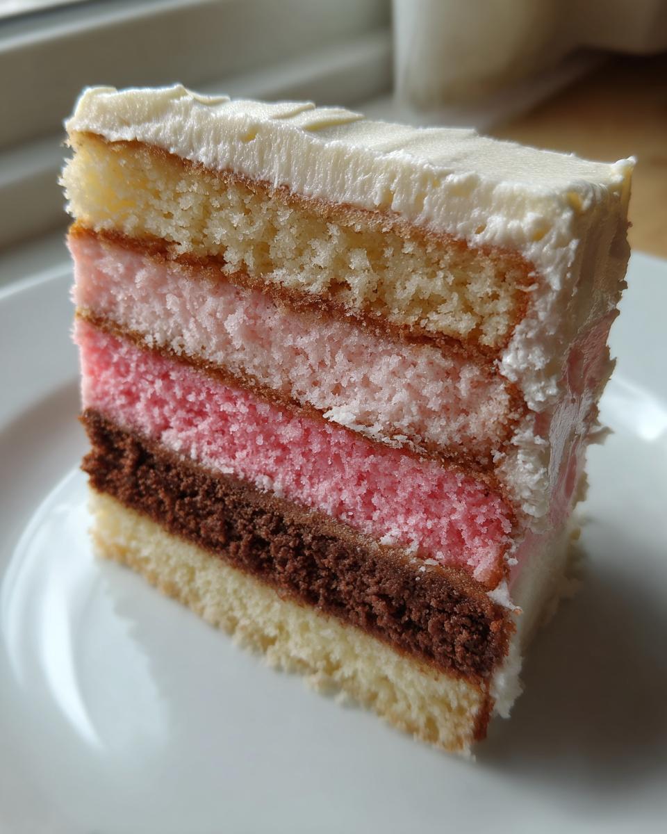 Close-up of a slice of neapolitan cake featuring vanilla, pink, and chocolate layers with white frosting.