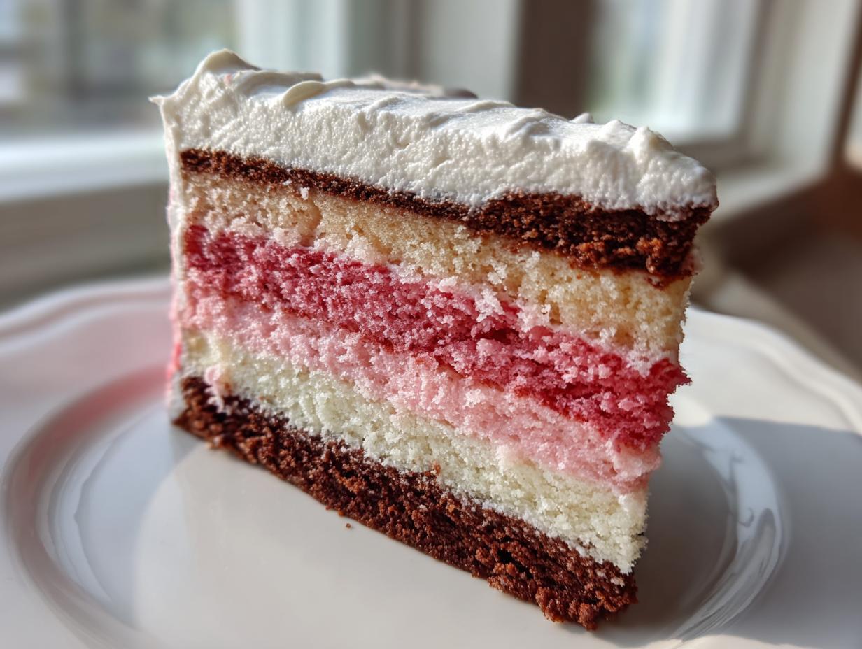 A close-up slice of a multi-layered neapolitan cake showing chocolate, vanilla, and pink sponge layers with white frosting.