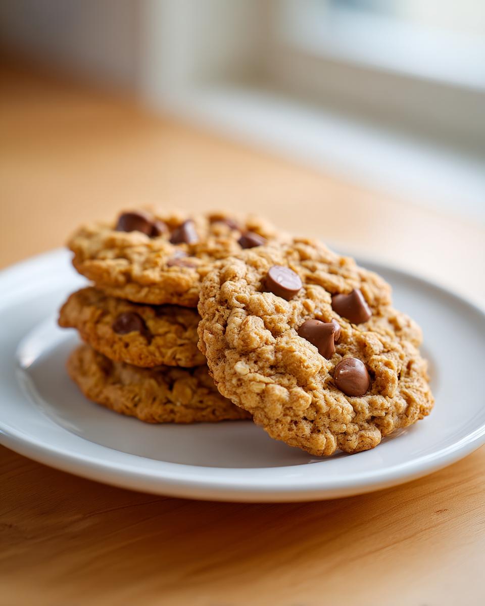 A stack of four oatmeal chocolate chip zucchini cookies resting on a white plate.