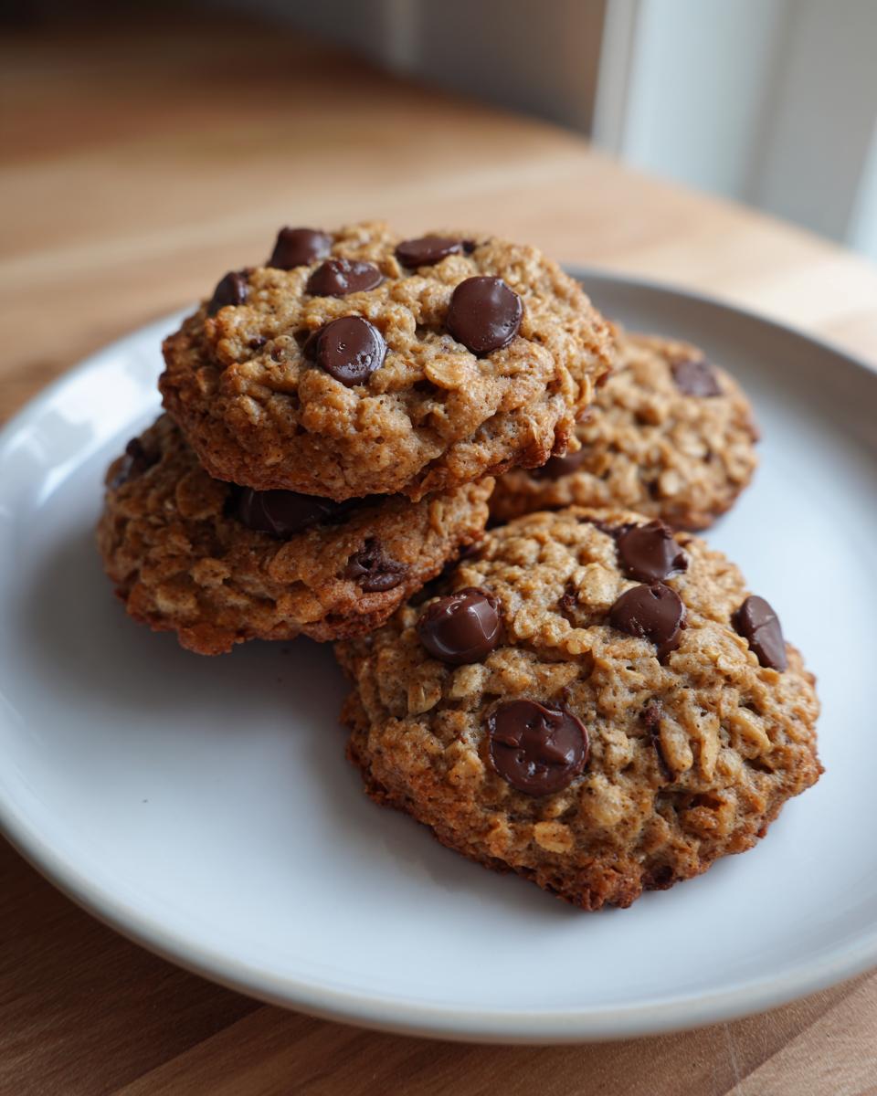 A stack of four oatmeal chocolate chip zucchini cookies resting on a white plate.