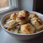 A close-up of a hearty bowl of chicken and dumpling stew topped with golden-brown, fluffy dumplings.
