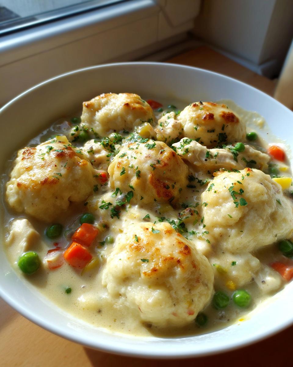 Close-up of a hearty bowl of creamy chicken and dumpling stew, topped with browned dumplings and fresh parsley.