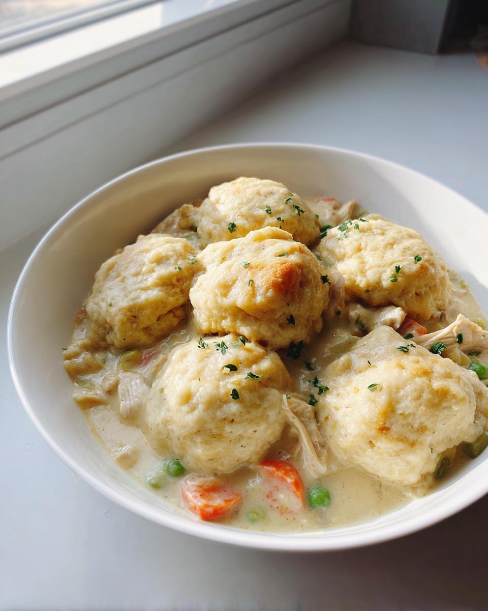 A close-up of a hearty bowl of chicken and dumpling stew, featuring fluffy dumplings in creamy sauce with carrots and peas.