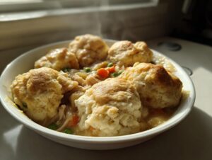 Close-up of a hot bowl of chicken and dumpling stew topped with fluffy, golden biscuits, steam rising.