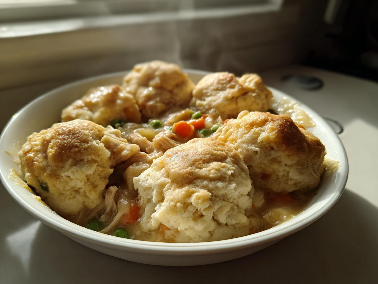 Close-up of a hot bowl of chicken and dumpling stew topped with fluffy, golden biscuits, steam rising.