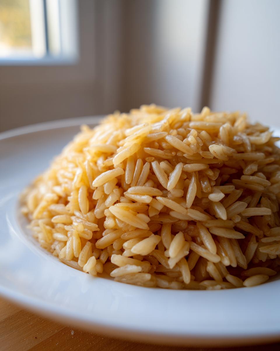 Close-up of a mound of golden brown orzo rice pilaf served on a white plate.