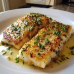 Two golden-brown, pan-seared Chilean sea bass recipe fillets topped with fresh parsley and butter sauce.
