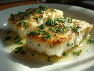Two perfectly seared fillets of chilean sea bass resting in a lemon butter sauce and topped with fresh parsley.