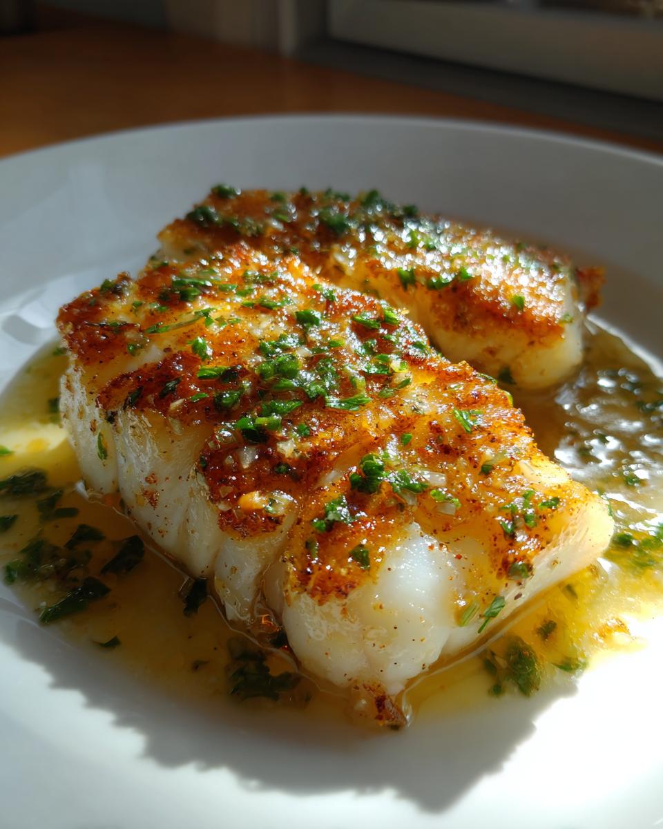 Two golden-brown, pan-seared chilean sea bass recipe fillets topped with garlic butter and fresh parsley.