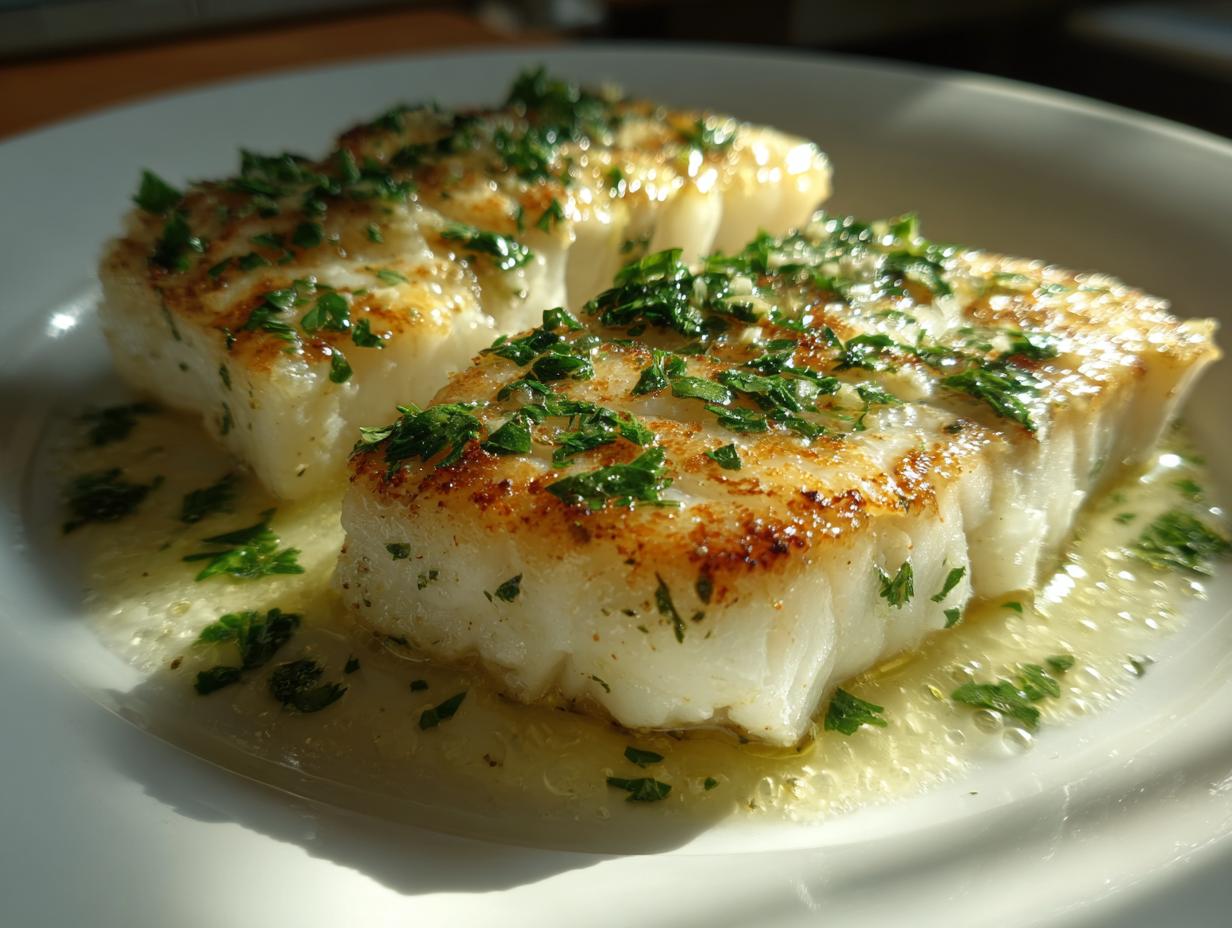 Two perfectly seared fillets of chilean sea bass resting in a lemon butter sauce and topped with fresh parsley.